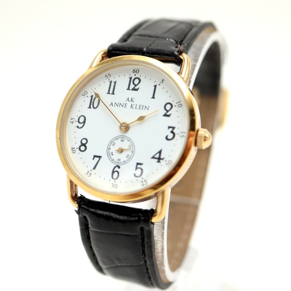 Anne Klein Gold Tone 31mm Small Seconds Watch Black Faux Leather w New Battery